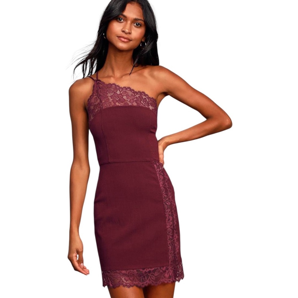 FREE PEOPLE Premonitions Burgundy Lace One-Shoulder Bodycon Slip Mini Dress